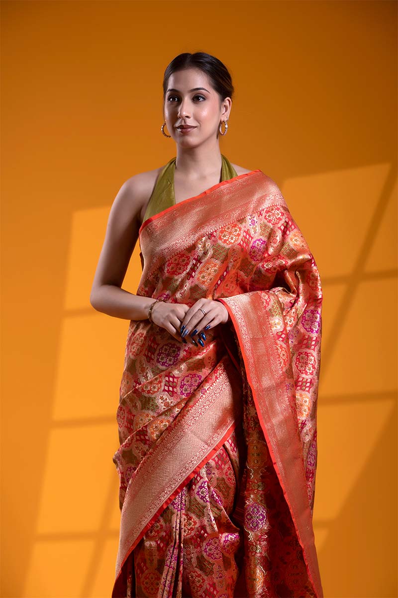 Red-Orange Banarasi Katan Silk Saree with Meenakari Jaal Work