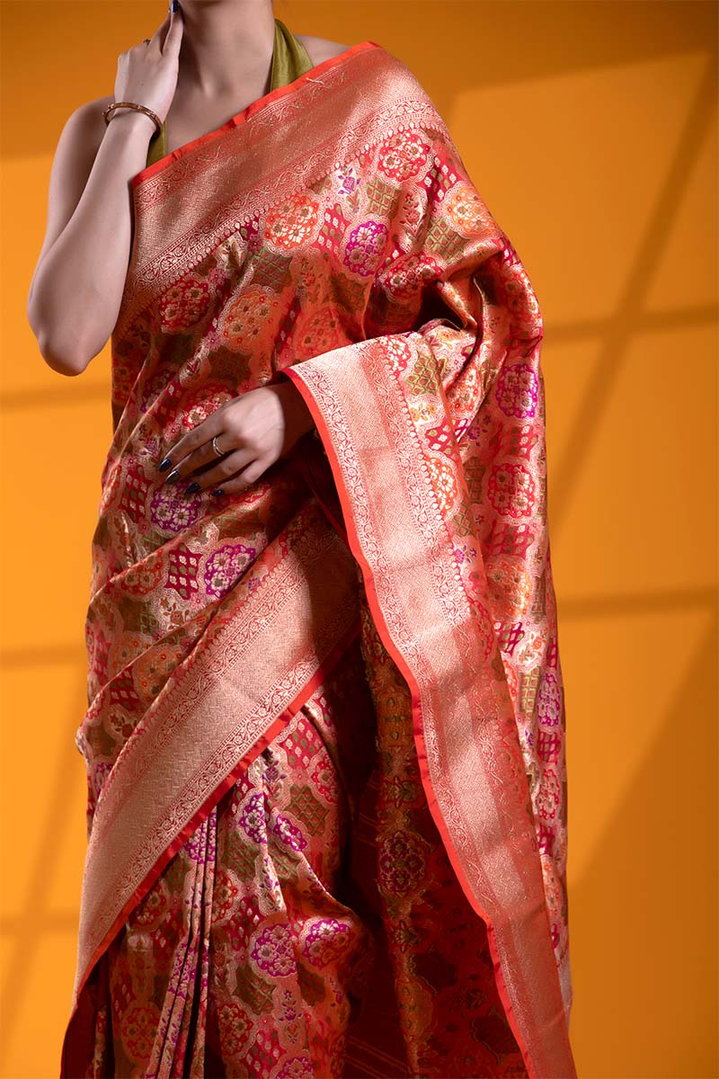 Red-Orange Banarasi Katan Silk Saree with Meenakari Jaal Work