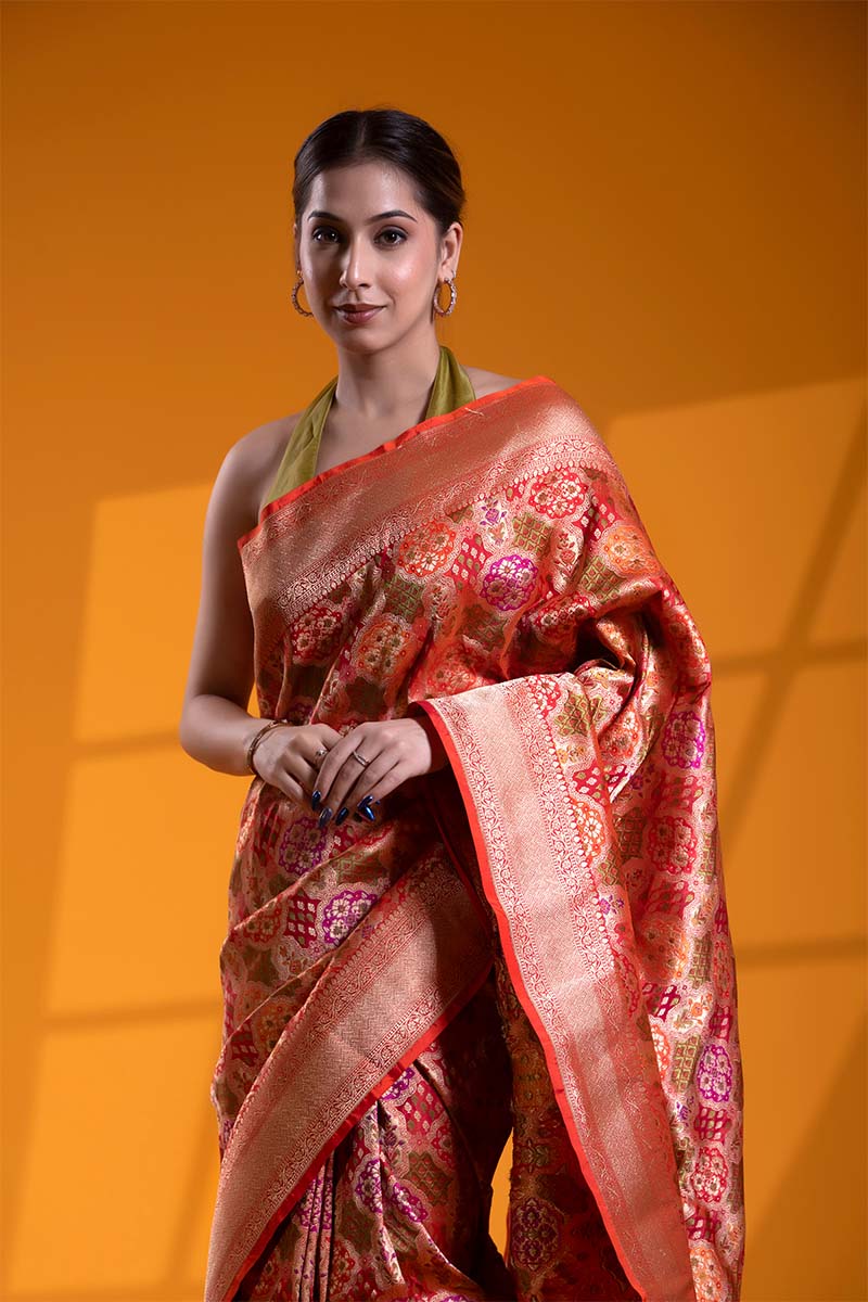 Red-Orange Banarasi Katan Silk Saree with Meenakari Jaal Work