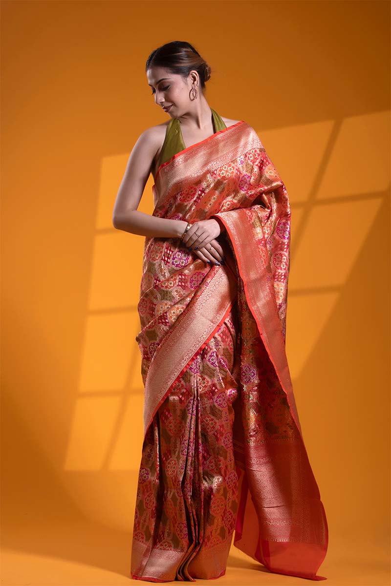 Red-Orange Banarasi Katan Silk Saree with Meenakari Jaal Work