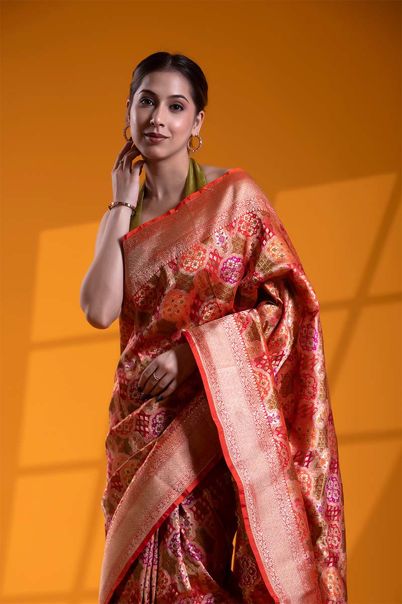 Red-Orange Banarasi Katan Silk Saree with Meenakari Jaal Work