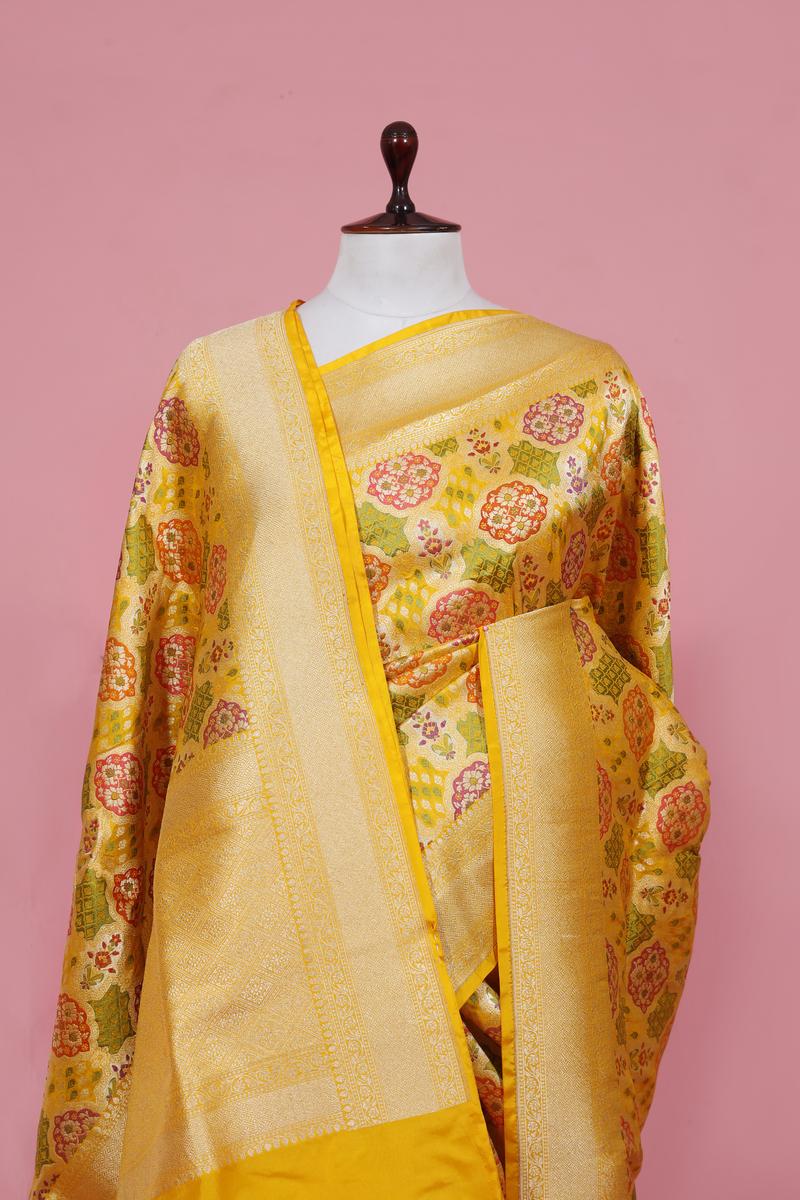 Deep Yellow Banarasi Katan Silk Saree with Gold Zari Meenakari work