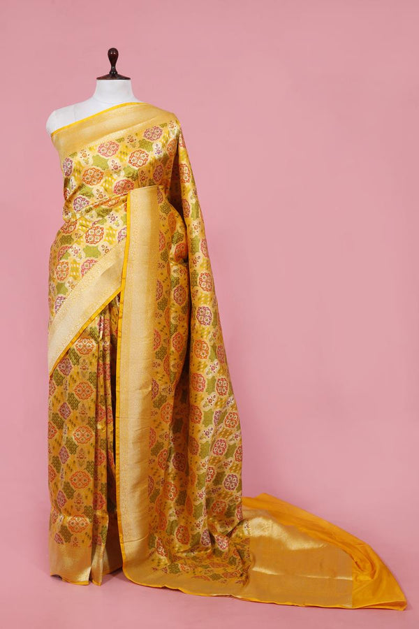 Banarasi Silk Saree, Banarasi saree, silk saree, deep yellow saree, wedding saree, party wear saree​, handloom saree