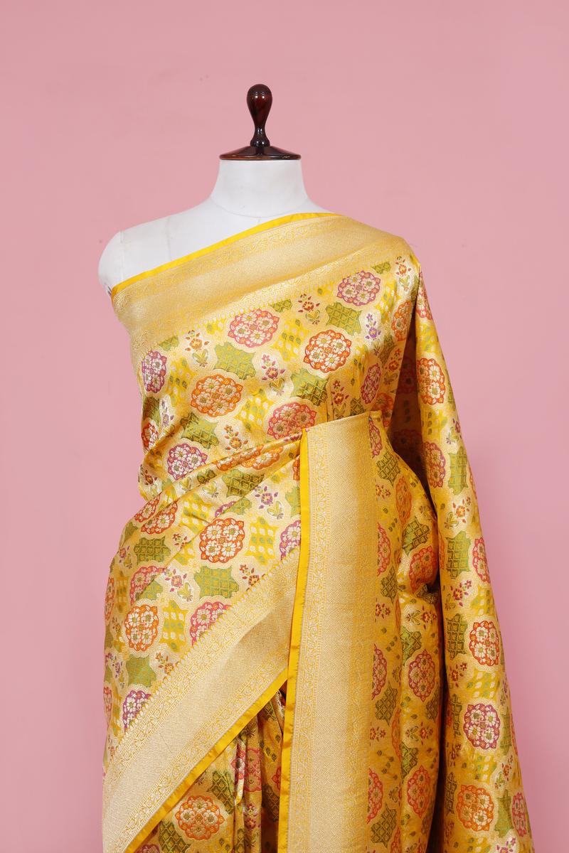 Deep Yellow Banarasi Katan Silk Saree with Gold Zari Meenakari work