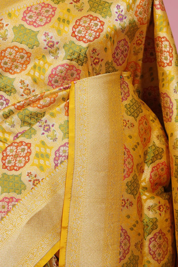 Deep Yellow Banarasi Katan Silk Saree with Gold Zari Meenakari work