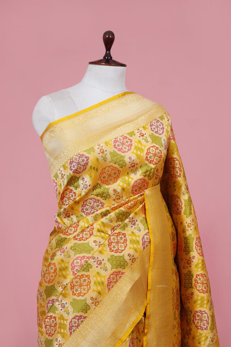 Deep Yellow Banarasi Katan Silk Saree with Gold Zari Meenakari work