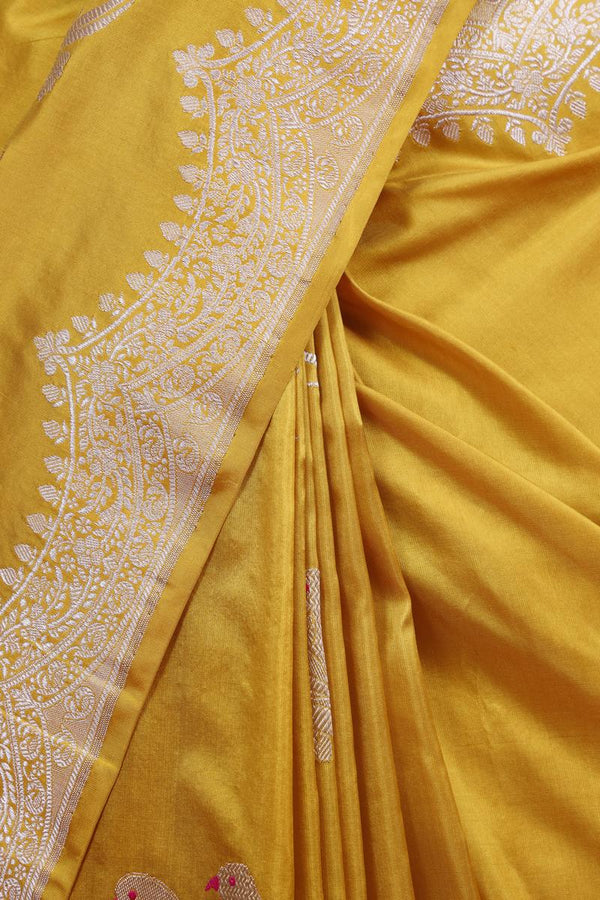 Yellow Handloom Banarasi Katan Silk Saree with Floral Border