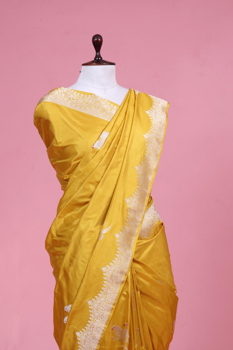 Yellow Handloom Banarasi Katan Silk Saree with Floral Border