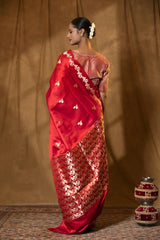 Red Handloom Satin Silk Banarasi Saree with Floral Motifs