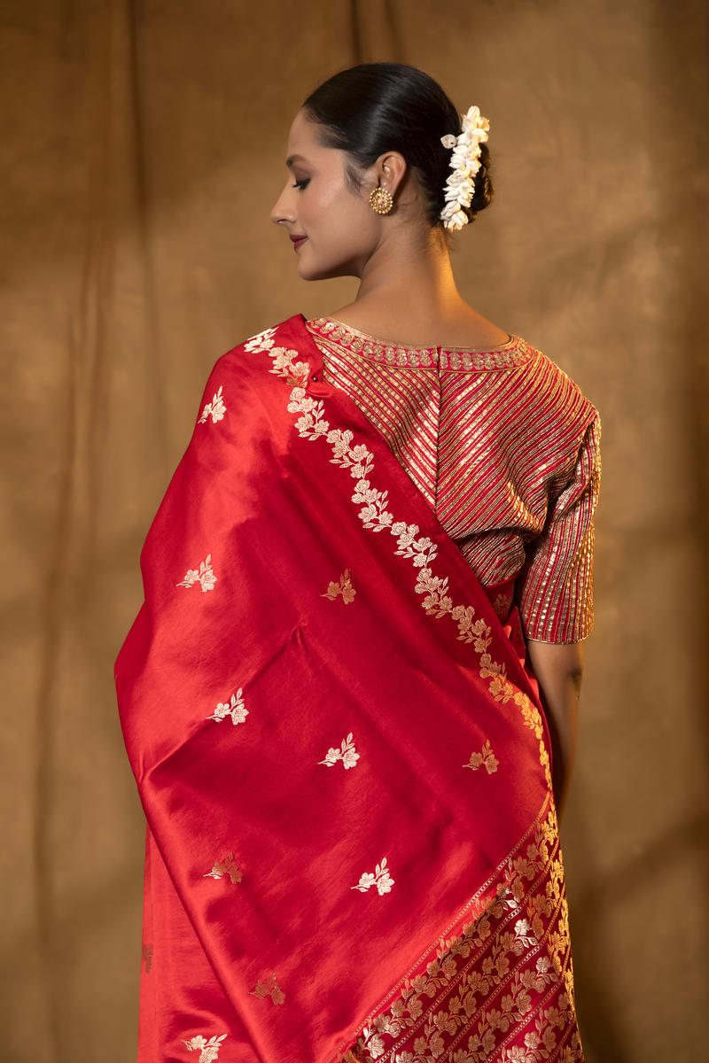 Red Handloom Satin Silk Banarasi Saree with Floral Motifs