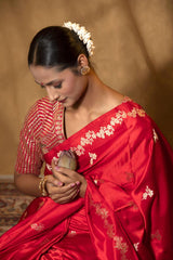 Red Handloom Satin Silk Banarasi Saree with Floral Motifs