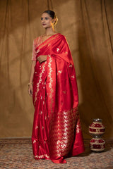 Red Handloom Satin Silk Banarasi Saree with Floral Motifs