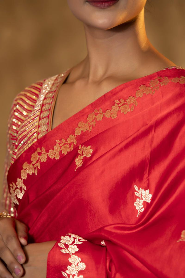 Red Handloom Satin Silk Banarasi Saree with Floral Motifs