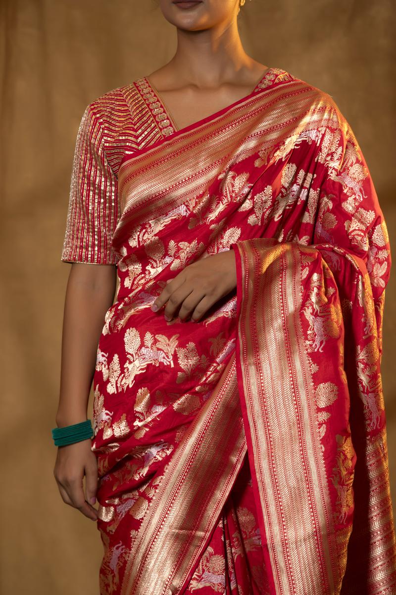 Red Banarasi Katan Silk Saree with Shikargah Motifs