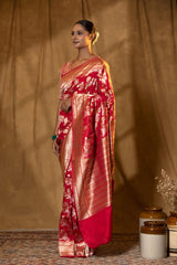 Red Banarasi Katan Silk Saree with Shikargah Motifs