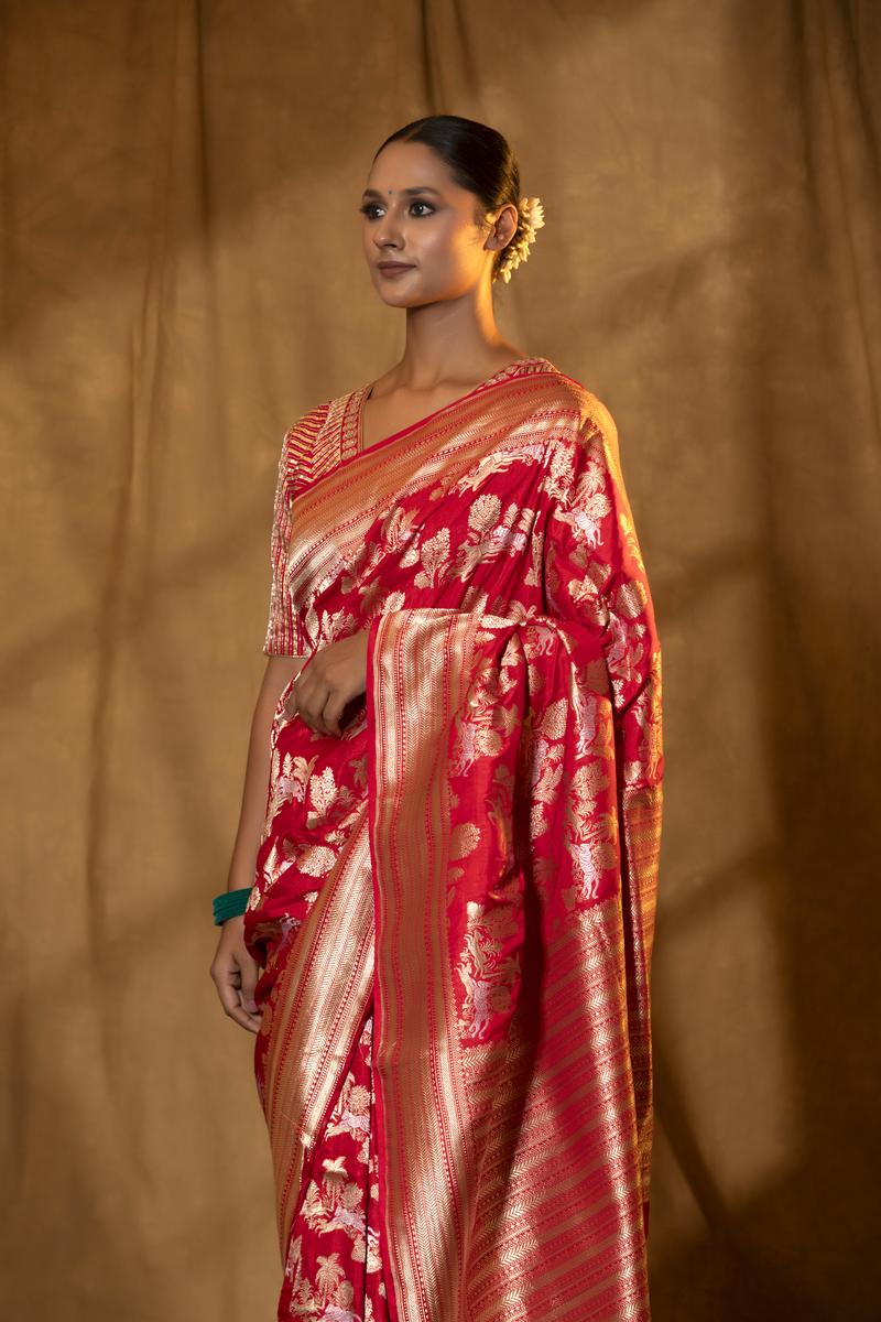 Red Banarasi Katan Silk Saree with Shikargah Motifs