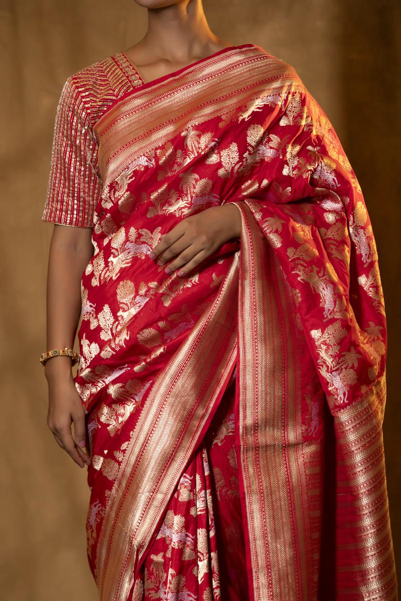 Red Banarasi Katan Silk Saree with Shikargah Motifs