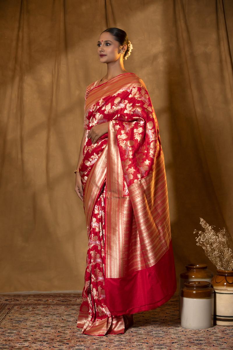 Red Banarasi Katan Silk Saree with Shikargah Motifs