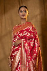 Red Banarasi Katan Silk Saree with Shikargah Motifs