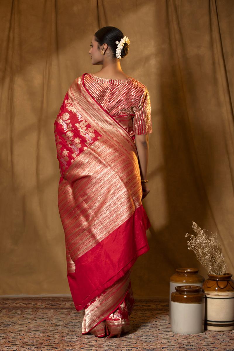 Red Banarasi Katan Silk Saree with Shikargah Motifs