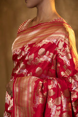 Red Banarasi Katan Silk Saree with Shikargah Motifs