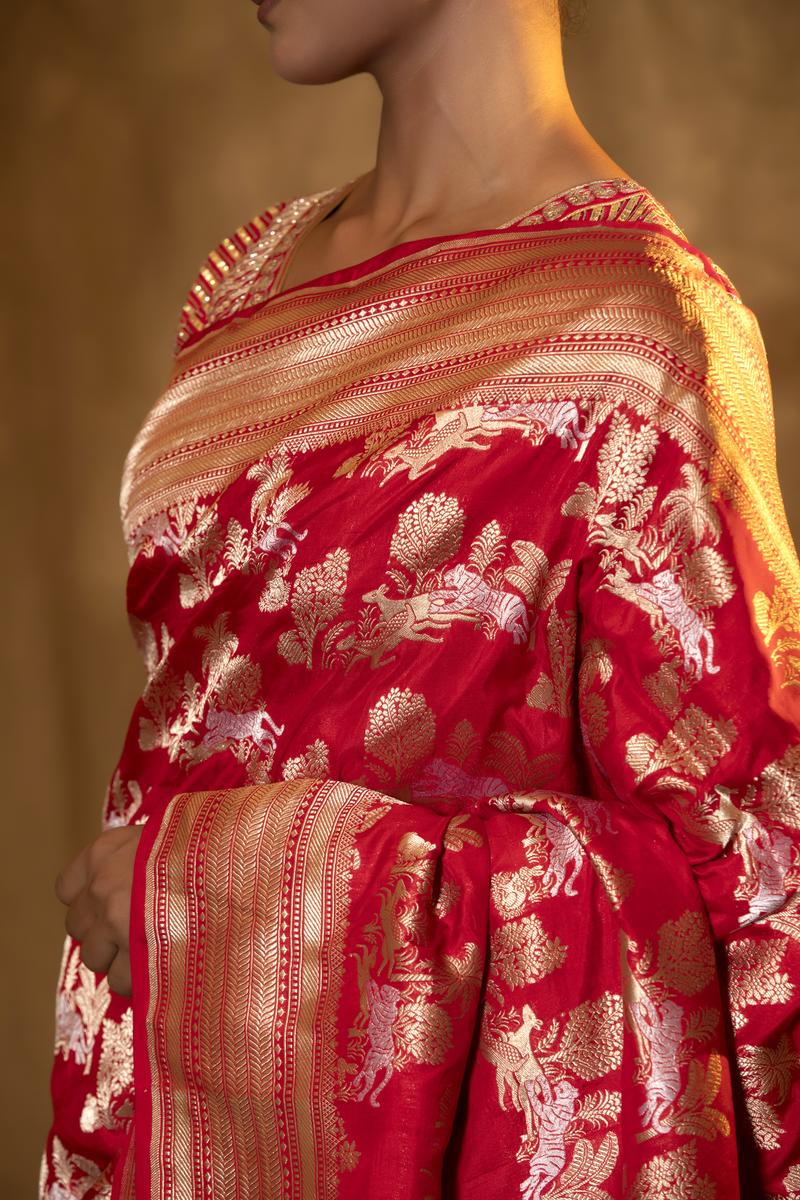 Red Banarasi Katan Silk Saree with Shikargah Motifs