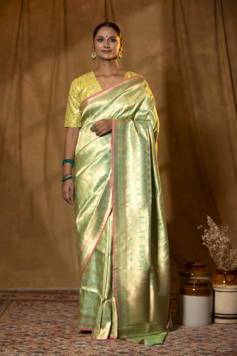 Banarasi Silk Saree, Banarasi saree, silk saree, pista saree, party wear saree, wedding wear saree