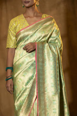 Pista Green Banarasi Katan Silk Saree with Meenakari Border