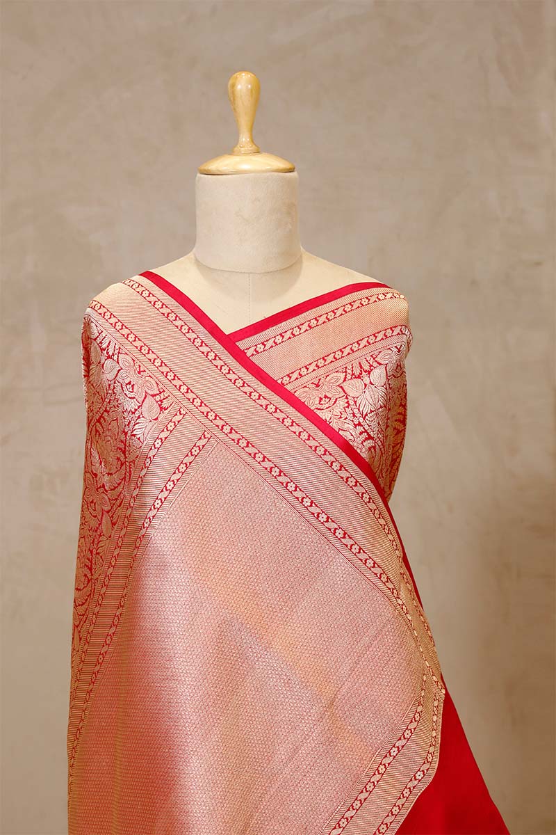 Red Brocade Banarasi Katan Silk Saree with Gold Zari Border