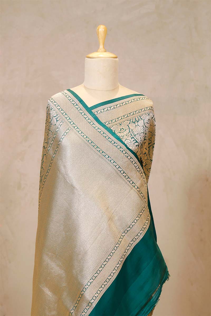 Bottle Green Brocade Banarasi Katan Silk Saree with Gold Zari Border