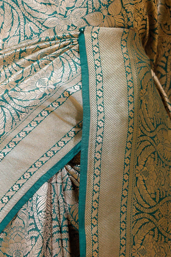 Bottle Green Brocade Banarasi Katan Silk Saree with Gold Zari Border