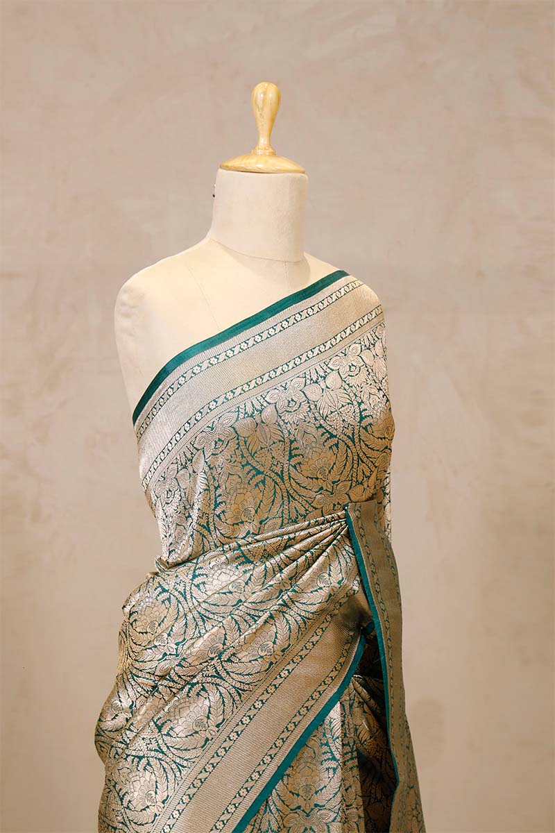 Bottle Green Brocade Banarasi Katan Silk Saree with Gold Zari Border