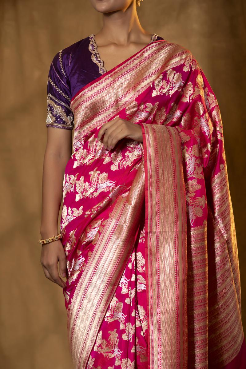 Pink Banarasi Katan Silk Saree with Shikargah Motifs