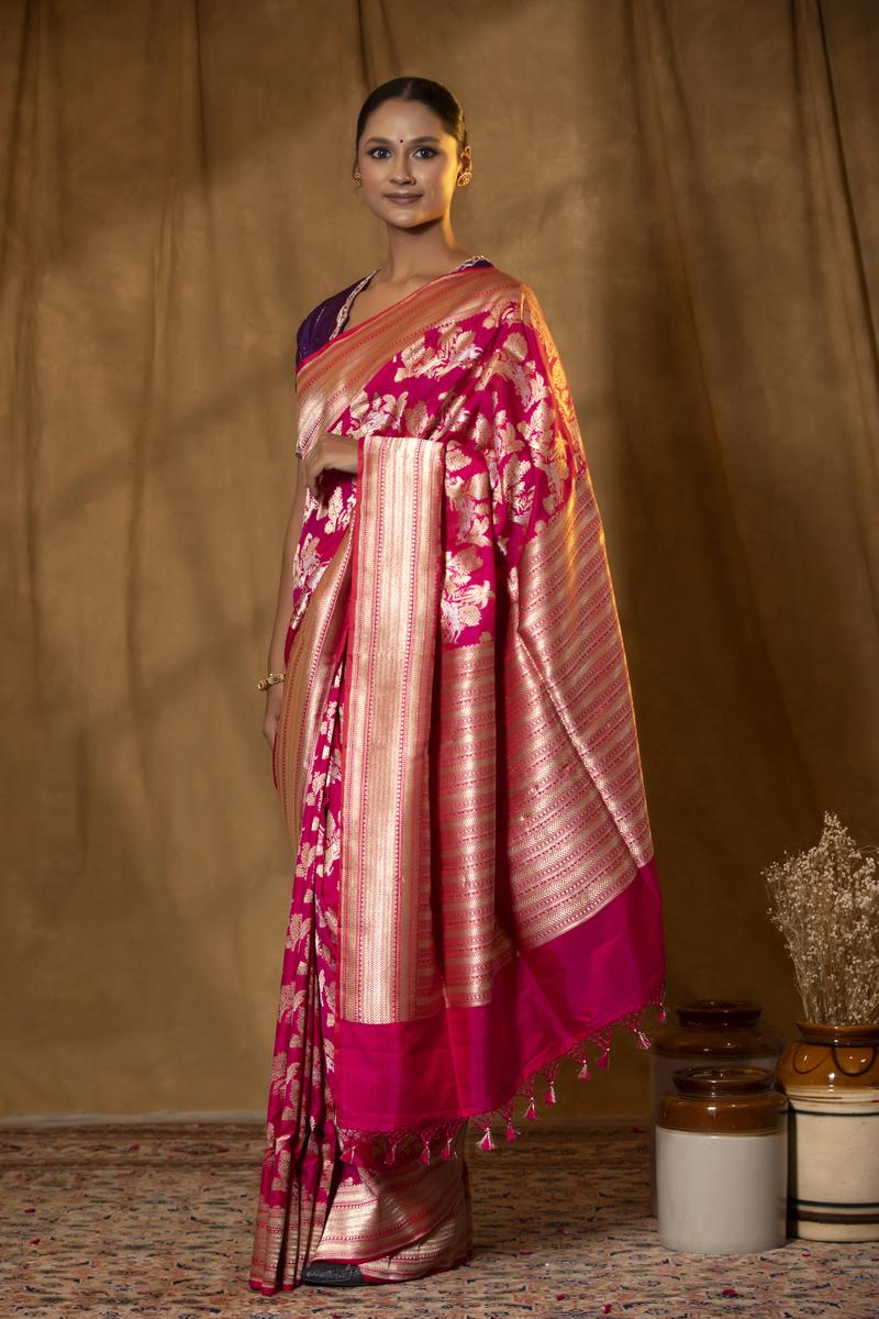 Pink Banarasi Katan Silk Saree with Shikargah Motifs