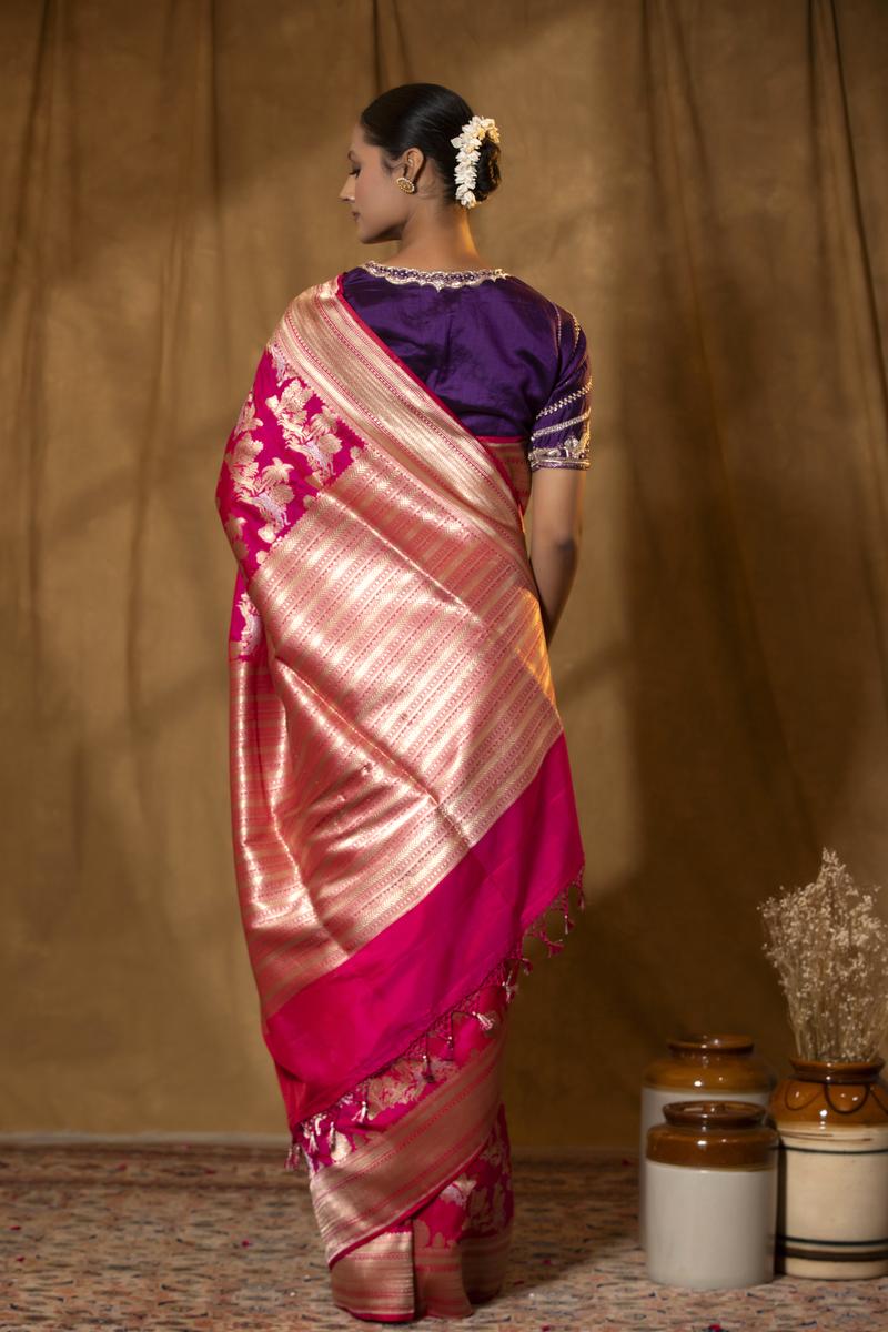 Pink Banarasi Katan Silk Saree with Shikargah Motifs