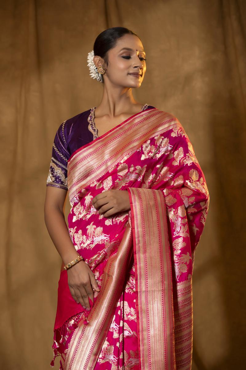 Pink Banarasi Katan Silk Saree with Shikargah Motifs