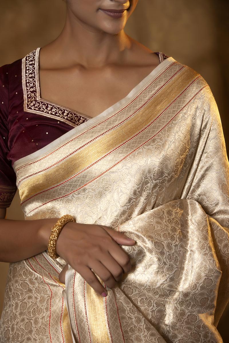 Off-White Handloom Satin Silk Saree with Meenakari Border