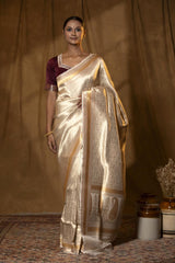 Banarasi Silk Saree, Banarasi saree, silk saree, off white saree, golden saree,  wedding saree, party wear saree​