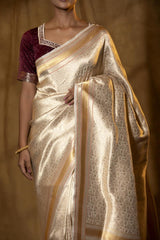 Off-White Handloom Satin Silk Saree with Meenakari Border