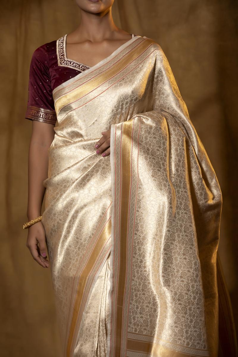 Off-White Handloom Satin Silk Saree with Meenakari Border