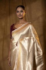 Off-White Handloom Satin Silk Saree with Meenakari Border