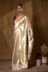 Off-White Handloom Satin Silk Saree with Meenakari Border