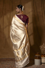 Off-White Handloom Satin Silk Saree with Meenakari Border