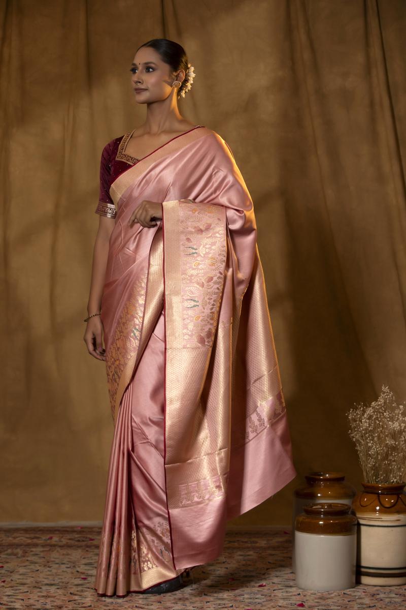 Nude Pink Satin Silk Banarasi Saree with Meenakari Border