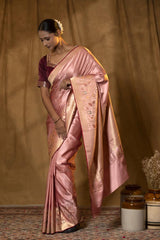 Nude Pink Satin Silk Banarasi Saree with Meenakari Border