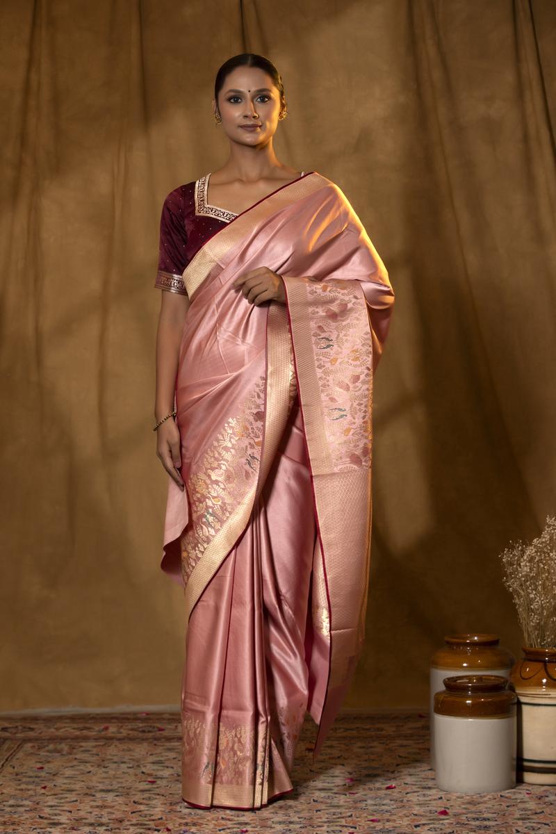 Banarasi Silk Saree, Banarasi saree, silk saree, Peach saree, pink saree, wedding saree, party wear saree​, handloom saree