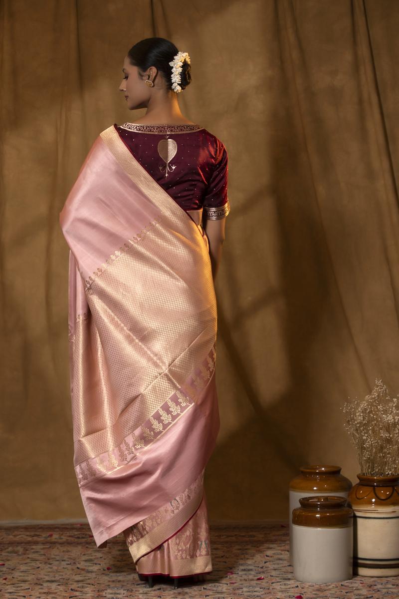 Nude Pink Satin Silk Banarasi Saree with Meenakari Border