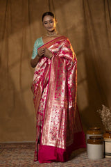 Brick Pink Handloom Katan Banarasi Silk Saree with Meenakari Work