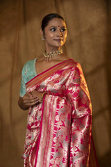 Brick Pink Handloom Katan Banarasi Silk Saree with Meenakari Work