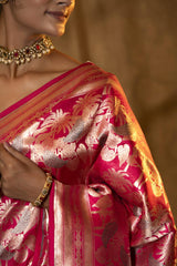 Brick Pink Handloom Katan Banarasi Silk Saree with Meenakari Work